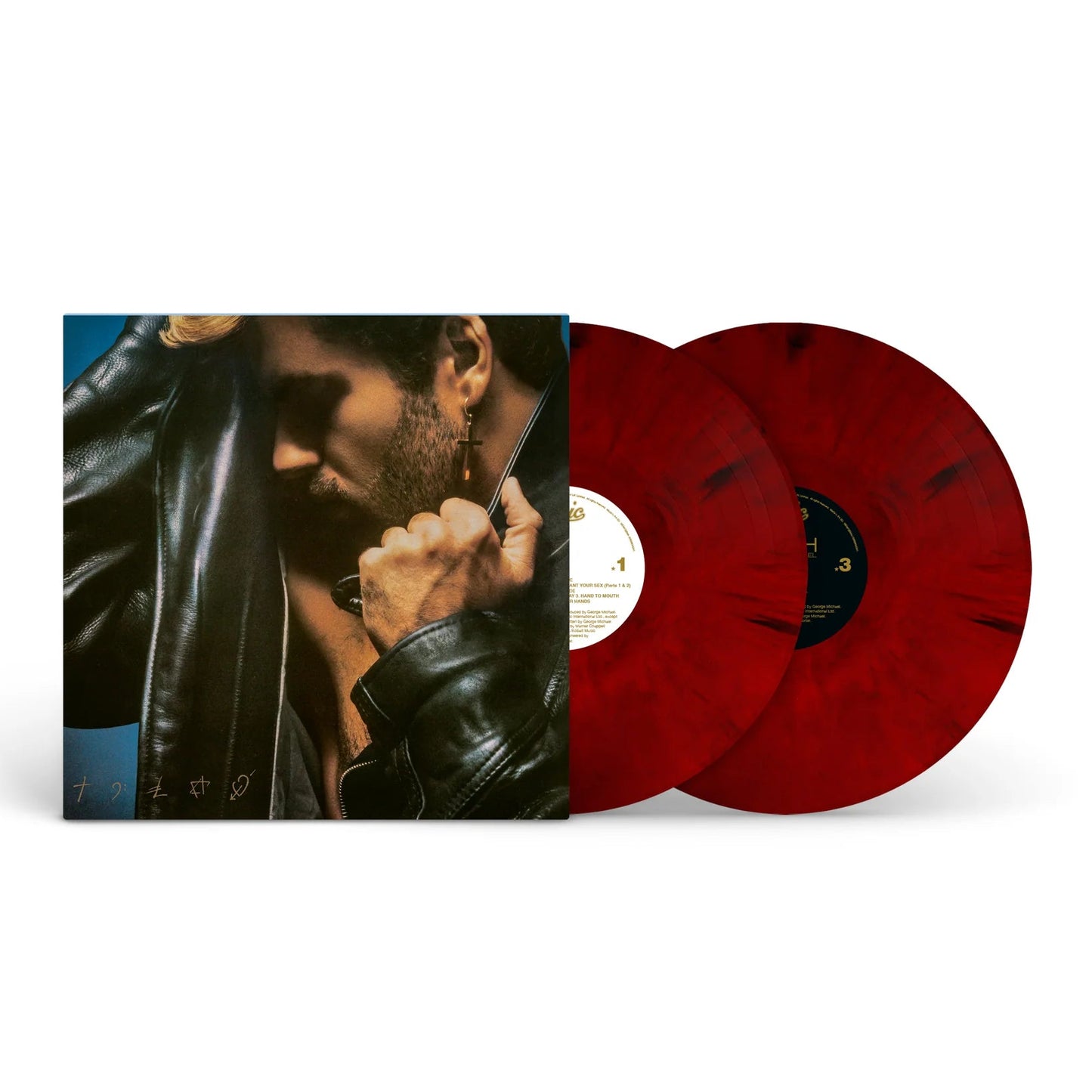 George Michael Red vinyl records with a cover featuring a person in a leather jacket on a white background