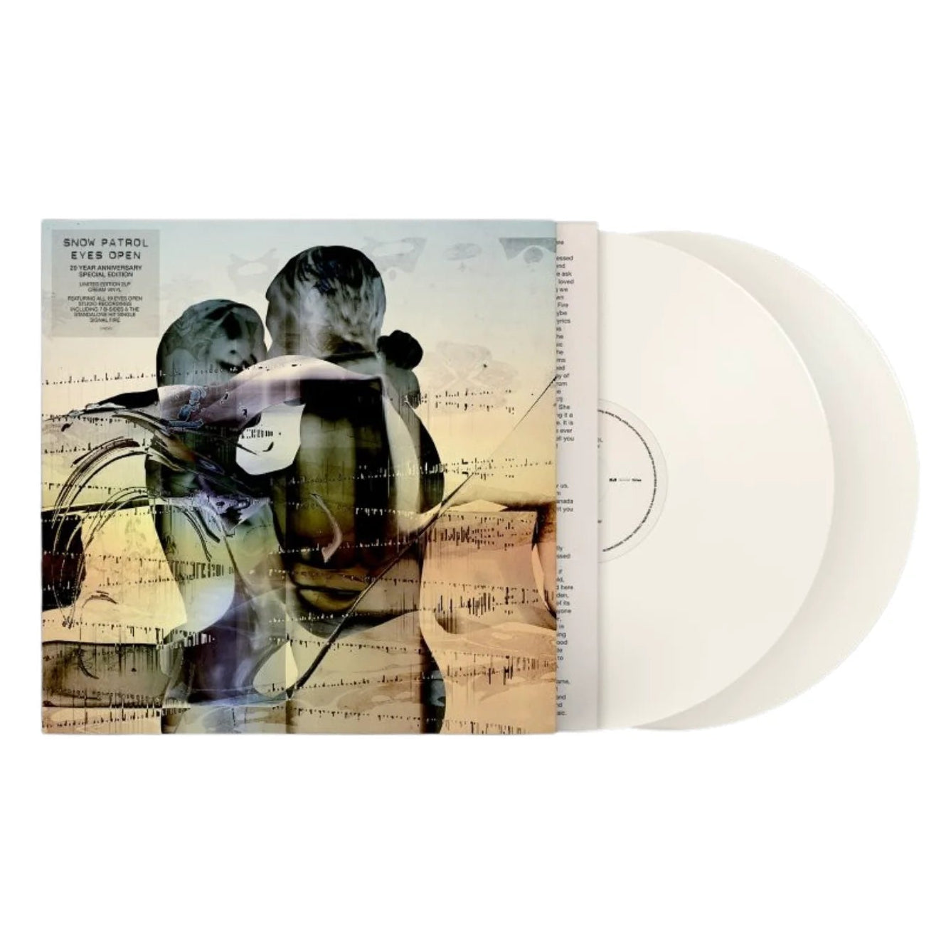 Snow Patrol - Eyes Open (20th Anniversary Special Edition Cream) Vinyl A vinyl record album with its sleeve partially open, showing two translucent off-white records. The sleeve features an artistic collage of a woman's silhouette over sheet music with muted beige, gray, and blue tones.