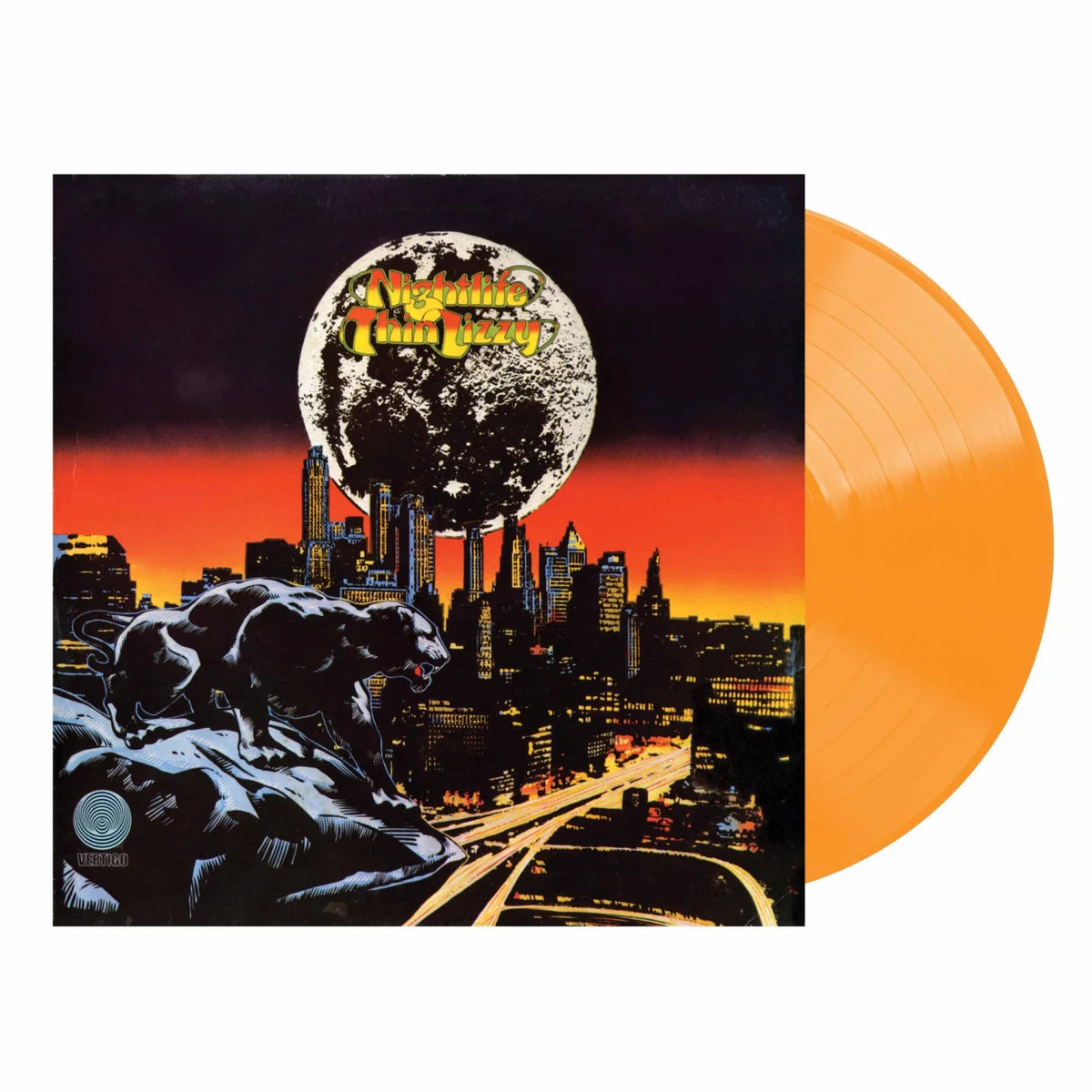 Thin Lizzy - Night Life (Orange) Vinyl NAD26 A vinyl record album shown with its illustrated square sleeve in front and a translucent orange record partially visible behind it on a white background.