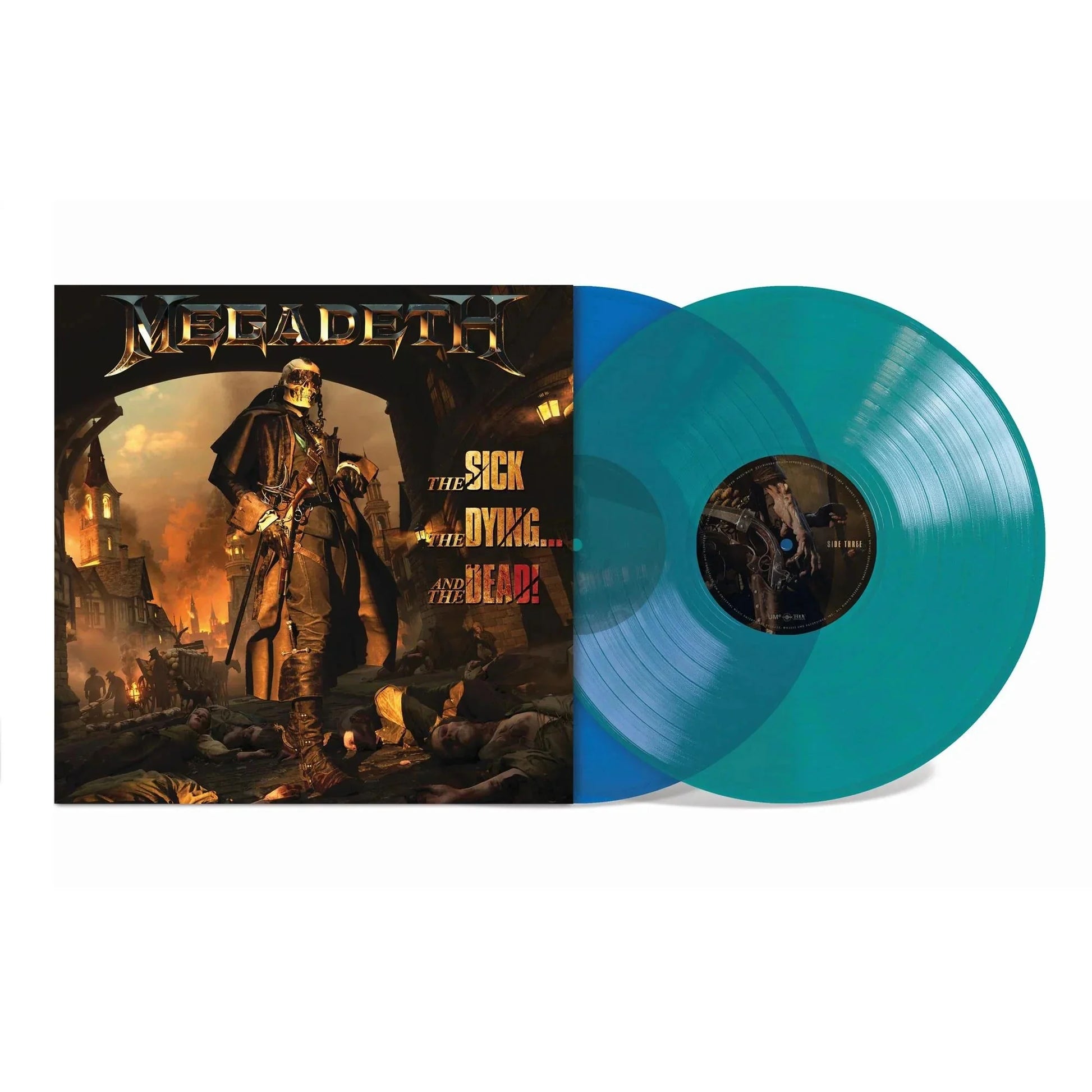 Megadeth - The Sick, The Dying and the Dead Vinyl record with a dark cover featuring a warrior and text, alongside a turquoise record.