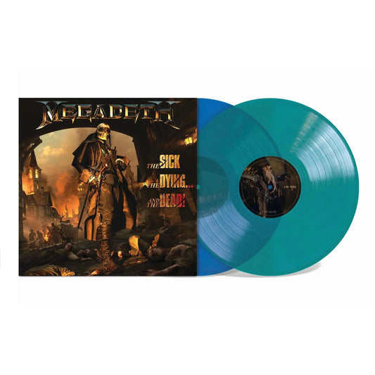Megadeth - The Sick, The Dying and the Dead Vinyl record with a dark cover featuring a warrior and text, alongside a turquoise record.