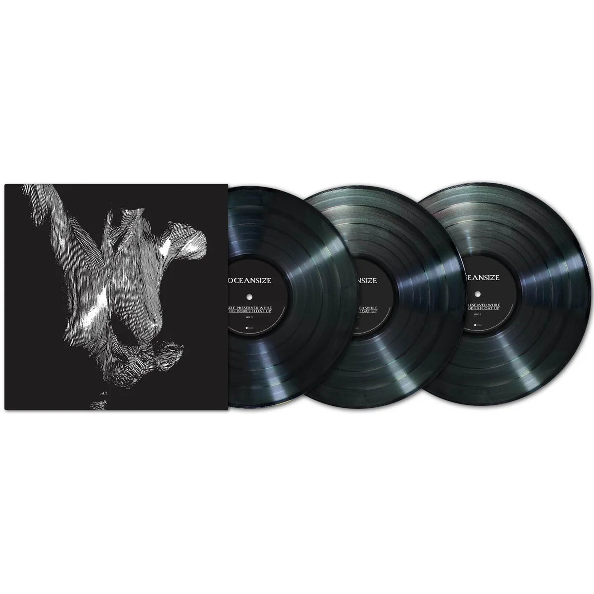 Oceansize - Self Preserved While The Bodies Float Up Three black vinyl records with a cover featuring an abstract design on a white background