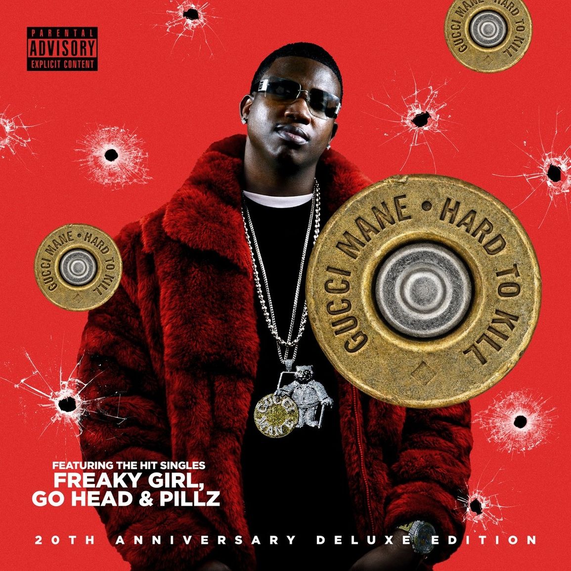 Gucci Mane - Hard to Kill (20th Anniversary Deluxe Edition Opaque Metallic Gold) Vinyl Gucci Mane's 'Hard to Kill' 20th Anniversary Deluxe Edition album cover art, featuring a portrait of the artist in a red fur coat and sunglasses against a red background with bullet-hole graphics and large gold bullet casing overlays.