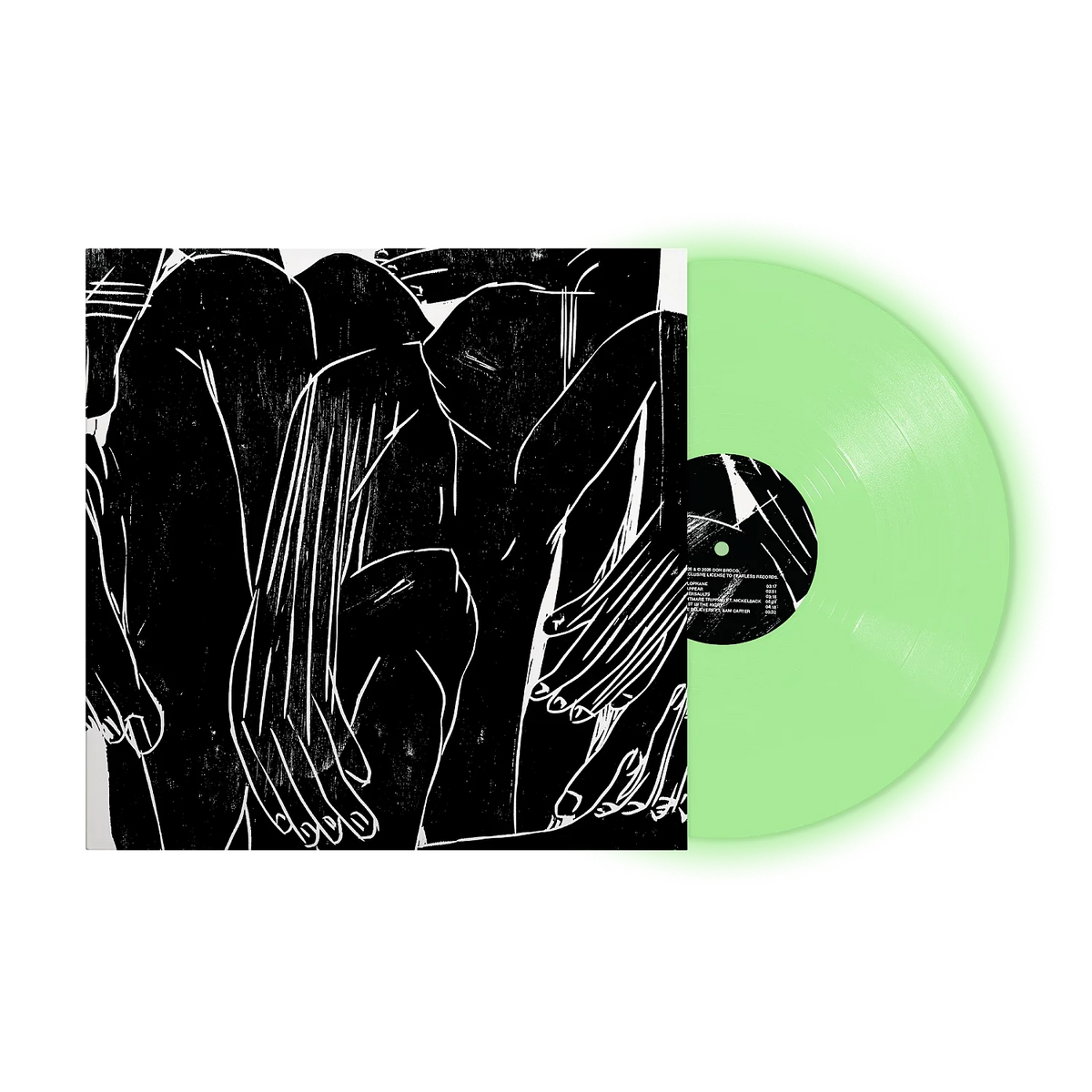 Don Broco - Nightmare Tripping (Glow In The Dark) Vinyl NAD26 A vinyl record partially pulled from its sleeve, showing a black-and-white illustrated cover and a translucent light green record on a white background.