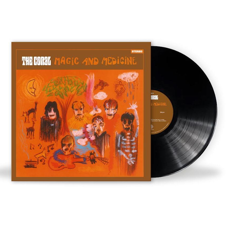 The Coral - Magic & Medicine Vinyl record with orange cover featuring illustrations and 'The Coral Magic and Medicine' text.