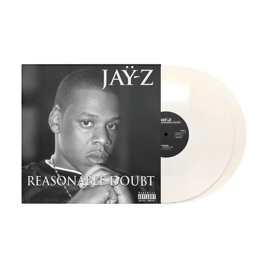 Jay-Z - Reasonable Doubt (30th Anniversary Edition White) Vinyl Jay-Z Reasonable Doubt vinyl record album with the black-and-white cover art and a translucent off-white record partially visible behind it on a white background.