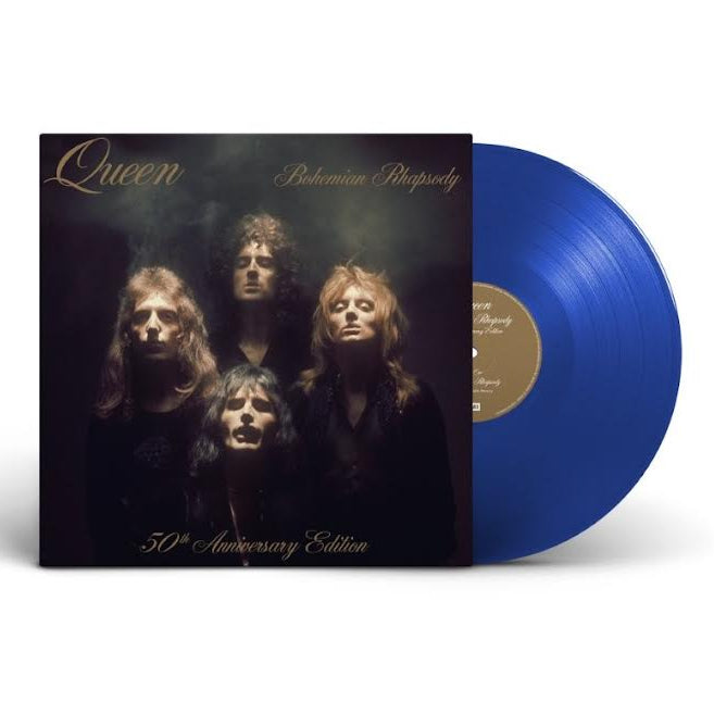 Queen - Bohemian Rhapsody Blue vinyl record with 'Queen' album cover on a white background