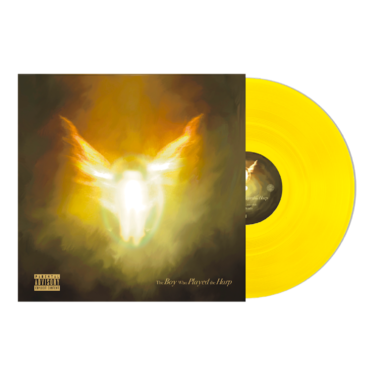 Dave - The Boy Who Played The Harp Vinyl record with a yellow disc and cover featuring a glowing face design on a white background.