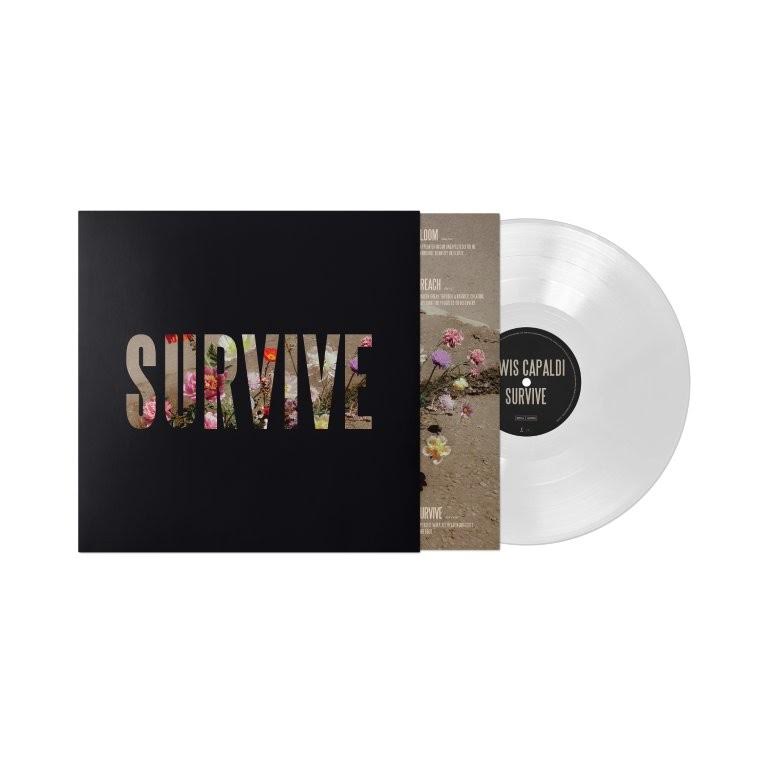 Lewis Capaldi - Survive EP Vinyl record with 'SURVIVE' text and floral design on a black cover
