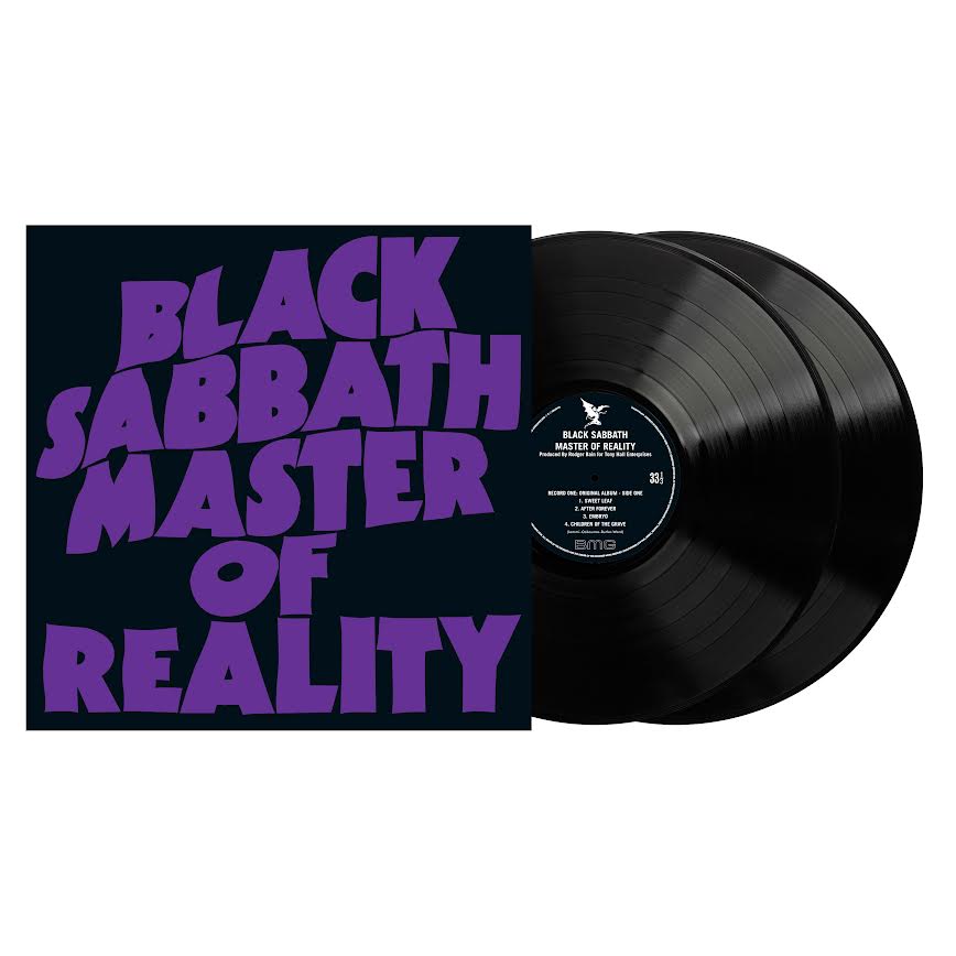 Black Sabbath - Master Of Reality vinyl album with purple text on a black background
