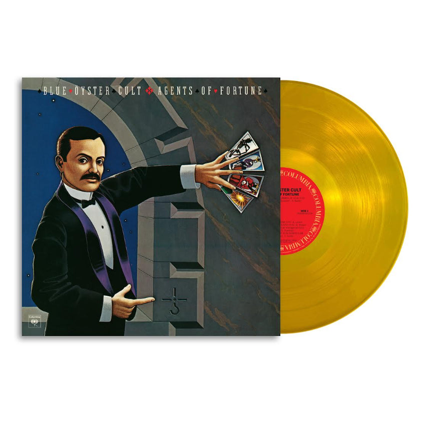 Blue Oyster Cult - Agents of Fortune (50th Anniversary Gold) Vinyl Vinyl record with a cover featuring a man in a tuxedo and cards, on a white background.