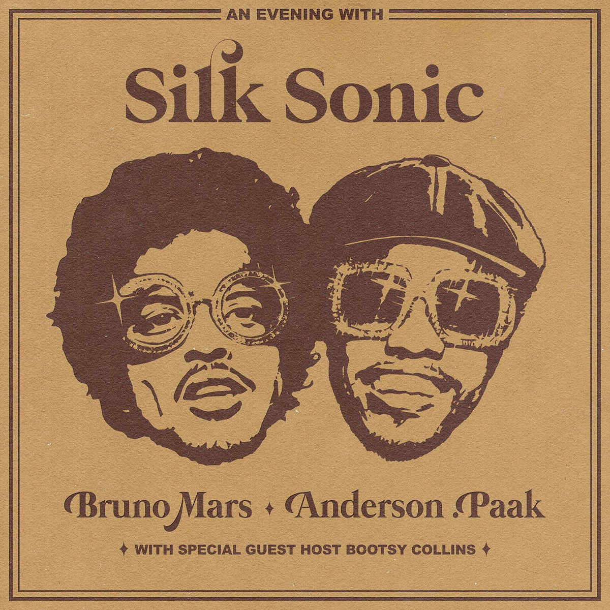 Silk Sonic - An Evening With Silk Sonic Vinyl An evening with Silk Sonic featuring Bruno Mars and Anderson Paak, with special guest host Bootsy Collins, shown on a textured tan background with dark brown graphic portraits and typography.