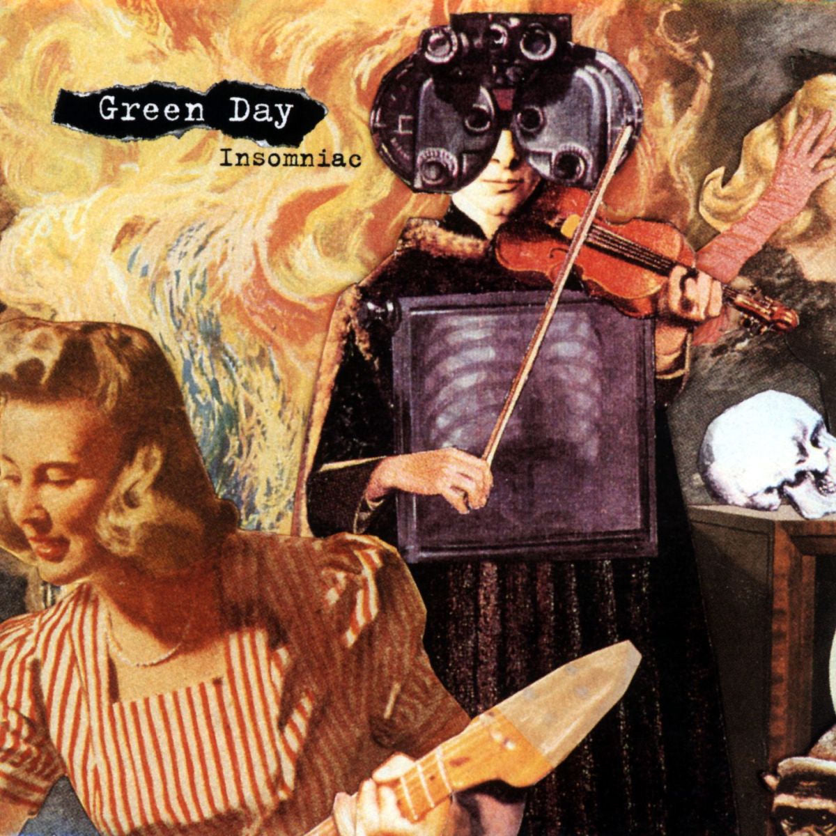 Green Day - Insomniac Vinyl - Album cover for 'Insomniac' by Green Day featuring a person with a violin and television, a woman with a knife, and a skull.