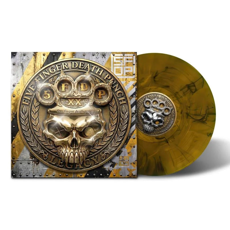 Five Finger Death Punch - Legacy (Amber Wave) Vinyl Vinyl record with gold and black cover featuring a skull design, on a white background.