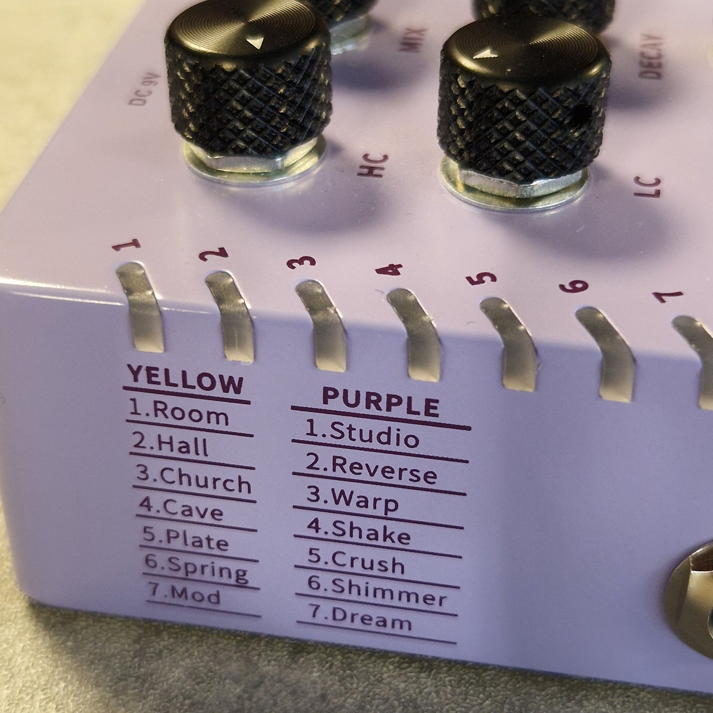 Mooer R7 X2 Audio effect pedal with knobs and labeled settings on a purple background