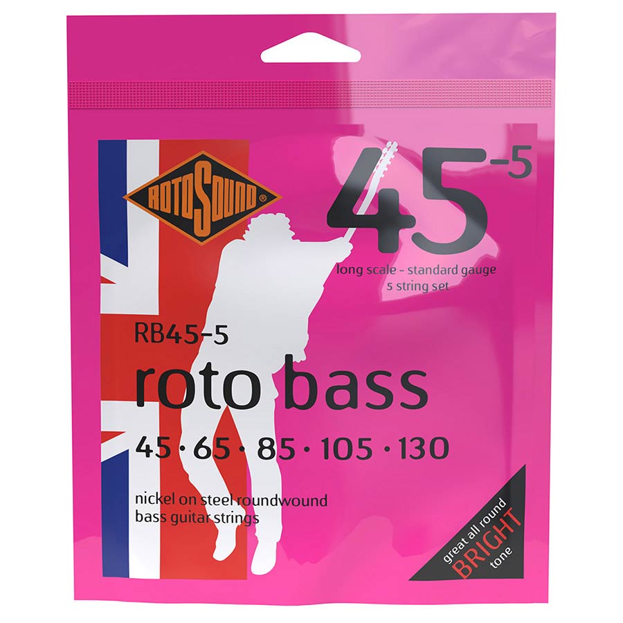 Rotosound Roto 5 string Bass guitar string set packaging with pink background and British flag design.