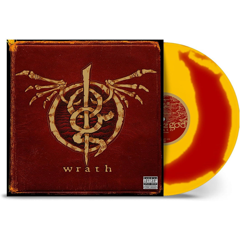 Lamb Of God - Wrath (Limited Edition Yellow / Red Split) Vinyl Wrath album vinyl record shown with the front cover on the left and a translucent yellow-and-red record partially visible on the right. The cover features a dark red background with a gold skeletal emblem and the word 'wrath' at the bottom.