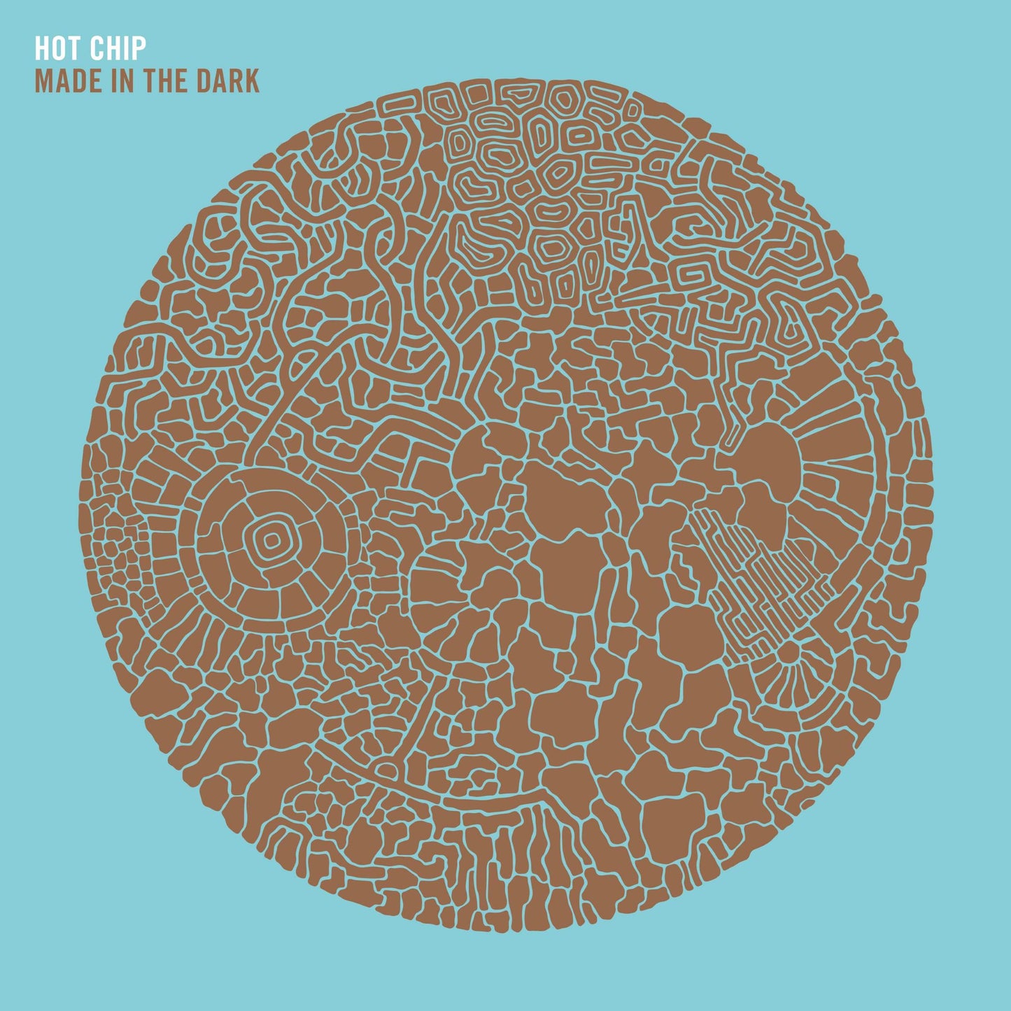 Hot Chip - Made In The Dark Album cover with intricate brown pattern on a light blue background, featuring the text 'Hot Chip Made in the Dark'.