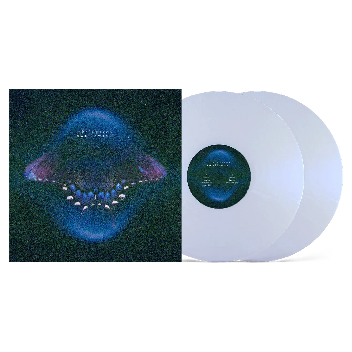 She's Green - Swallowtail Vinyl record with a cover featuring a blue and purple abstract design on a white background