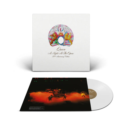 Queen - A Night At The Opera Vinyl record and cover with 'Queen' album art on a white background