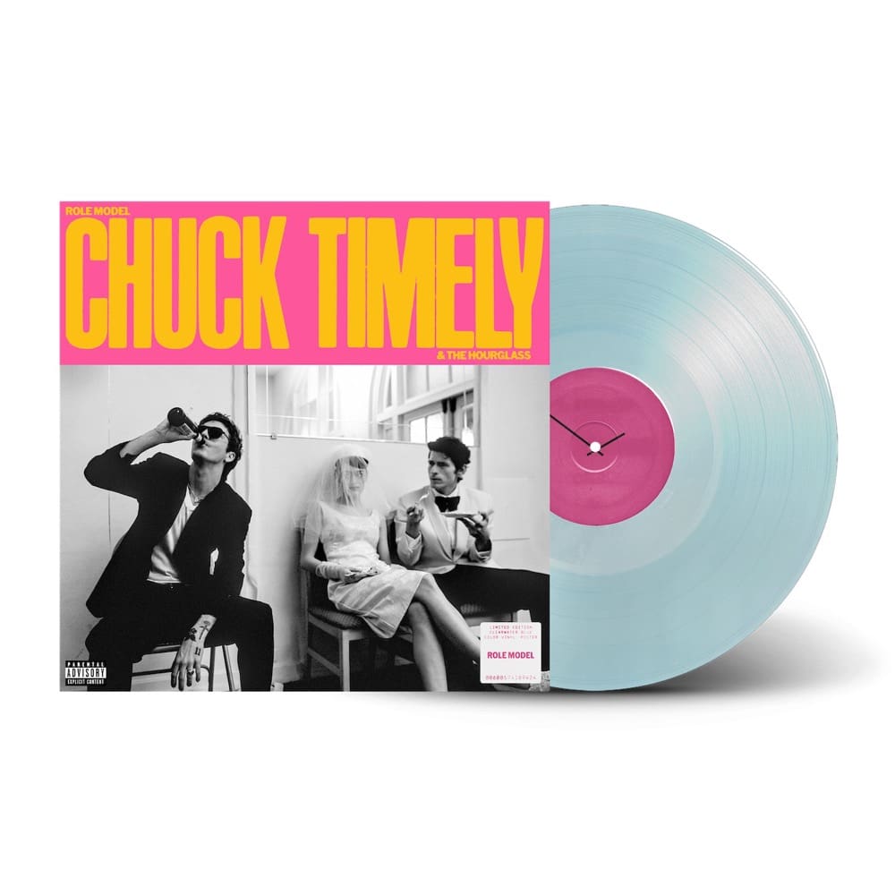 Role Model - Chuck Timely & The Hourglass (Translucent Clearwater Blue) Vinyl Chuck Timely 'The Marriage Trap' vinyl record LP shown with its illustrated cover sleeve on a white background. The record is light blue with a pink center label, and the sleeve features bold yellow text and a black-and-white photo of two seated people.