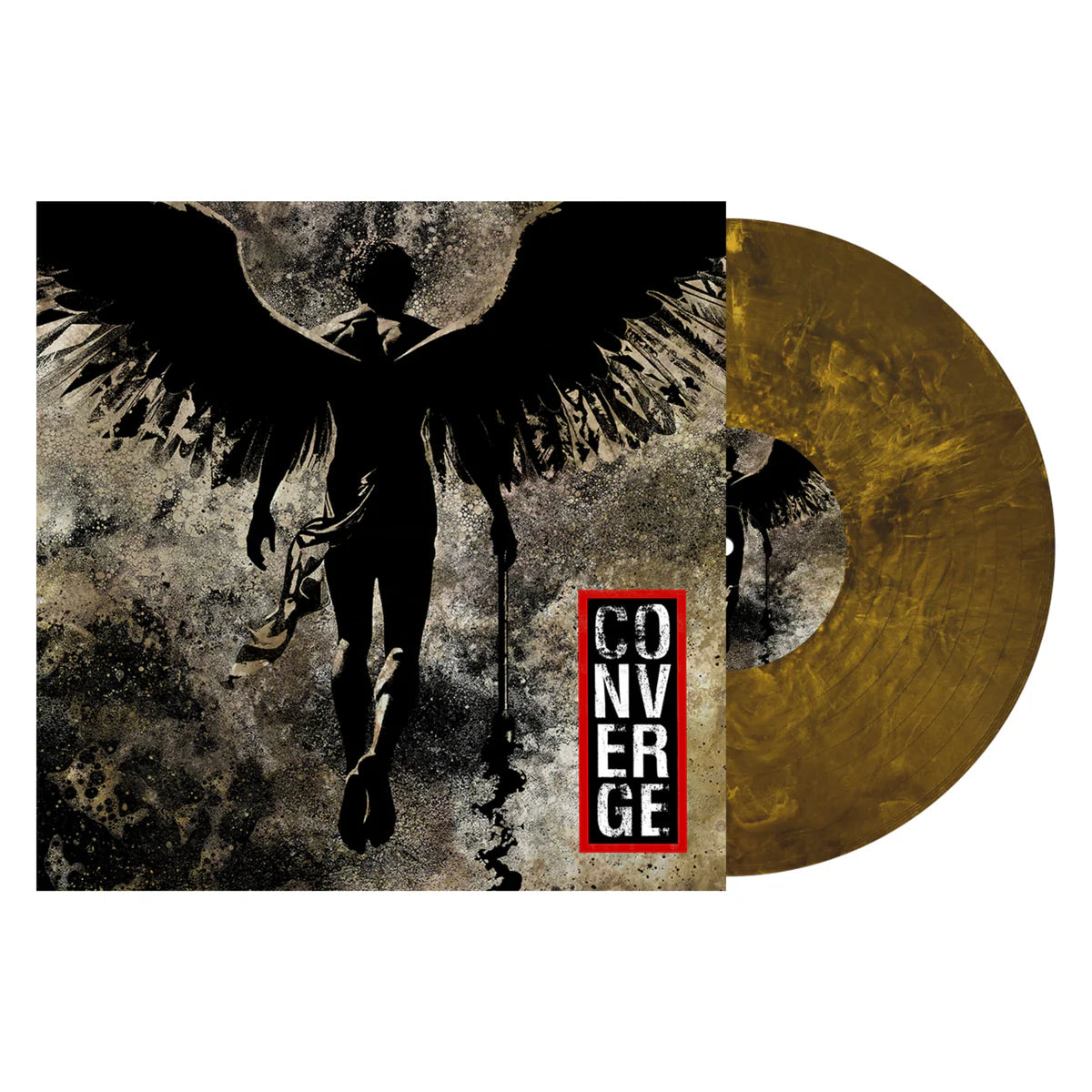 Converge Vinyl record with a black and white illustration of a figure with wings and the band name 'Converge' on a gold disc.