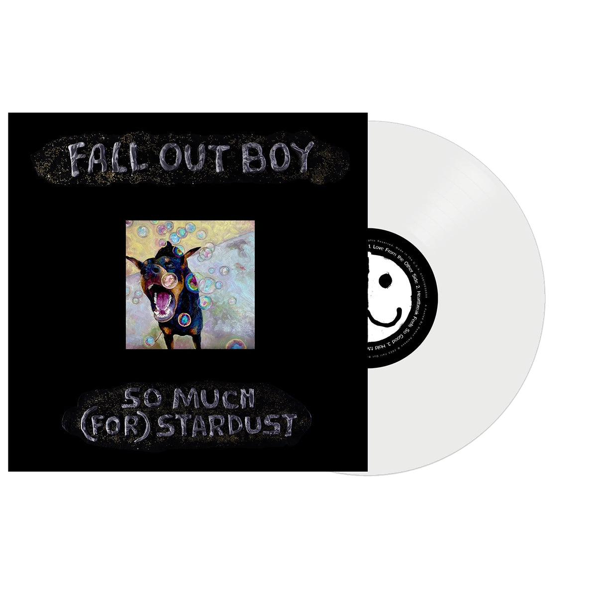 Fall Out Boy - So Much (For) Stardust (Limited Edition Ultra Clear) Vinyl Fall Out Boy 'So Much (For) Stardust' vinyl record with black album cover, small colorful goat artwork, and a translucent white record partially visible behind it.
