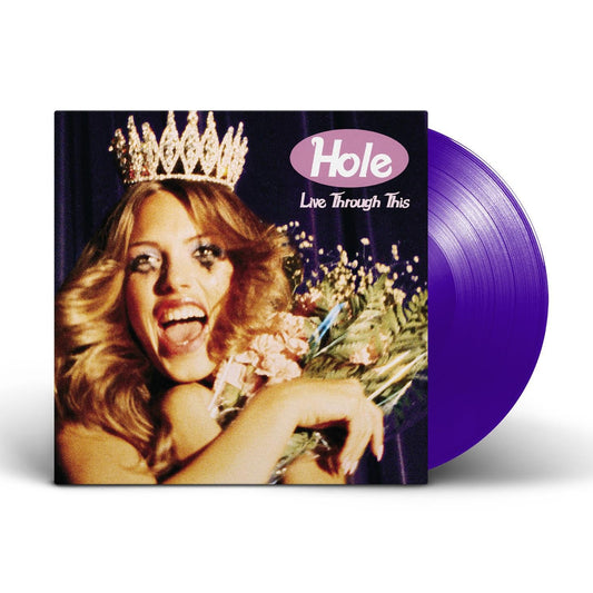 Hole - Live Through This Purple vinyl record with 'Hole' album cover featuring a woman with a crown and flowers on a white background
