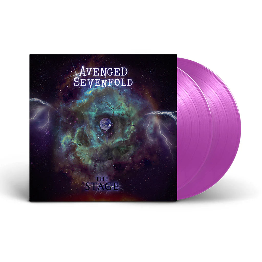 Avenged Sevenfold - The Stage Purple vinyl record with 'Avenged Sevenfold' album cover featuring a nebula design.