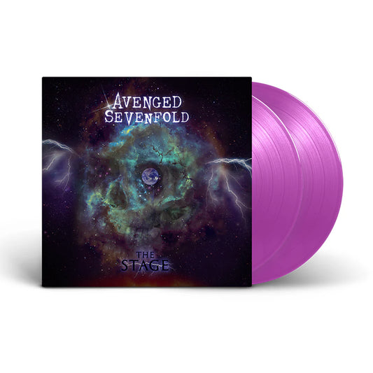 Avenged Sevenfold - The Stage Purple vinyl record with 'Avenged Sevenfold' album cover featuring a nebula design.