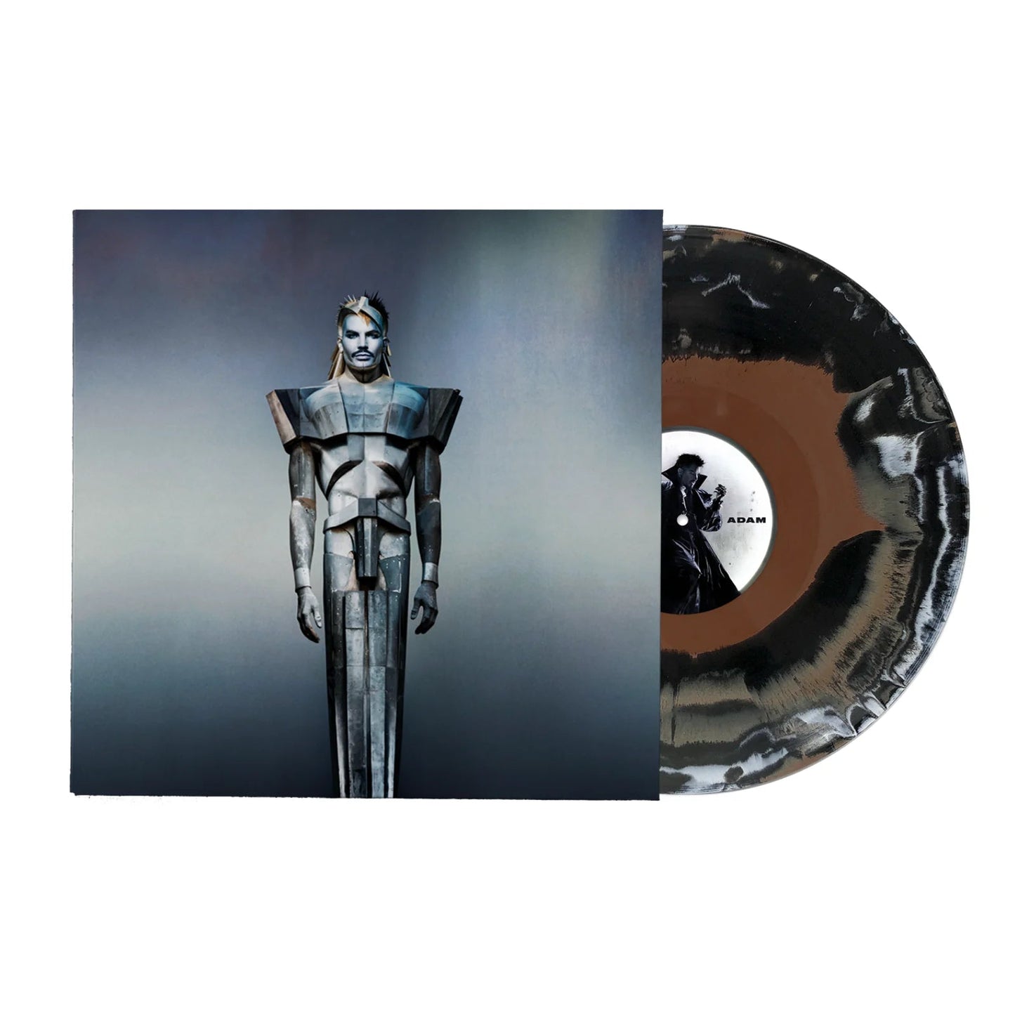 Adam Lambert - ADAM A vinyl record album shown with its square cover sleeve on a white background. The sleeve features a dark sci-fi portrait of a metallic humanoid figure against a smoky blue-gray backdrop.