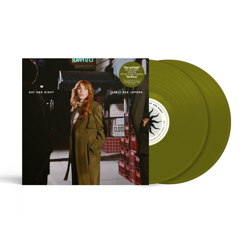 Carly Rae Jepson - Day and Night (Translucent Forest Green) Vinyl A vinyl record album shown with its cover art sleeve and two olive green records partially visible behind it on a clean white background.
