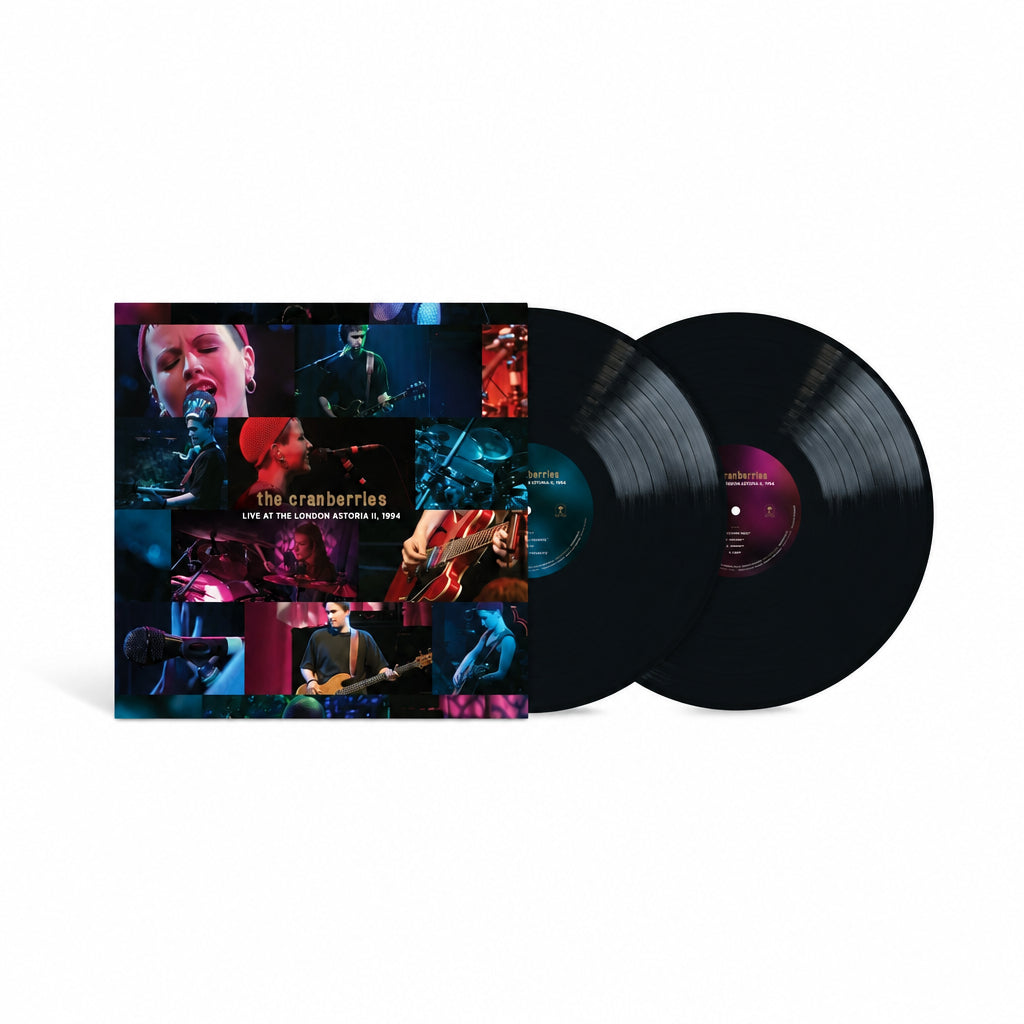 The Cranberries - Live At The London Astoria II, 1994 Vinyl The Cranberries 'Live at the London Arena 1984' vinyl record album with the illustrated album cover on the left and two black vinyl records partially pulled out on the right, set against a plain white background.