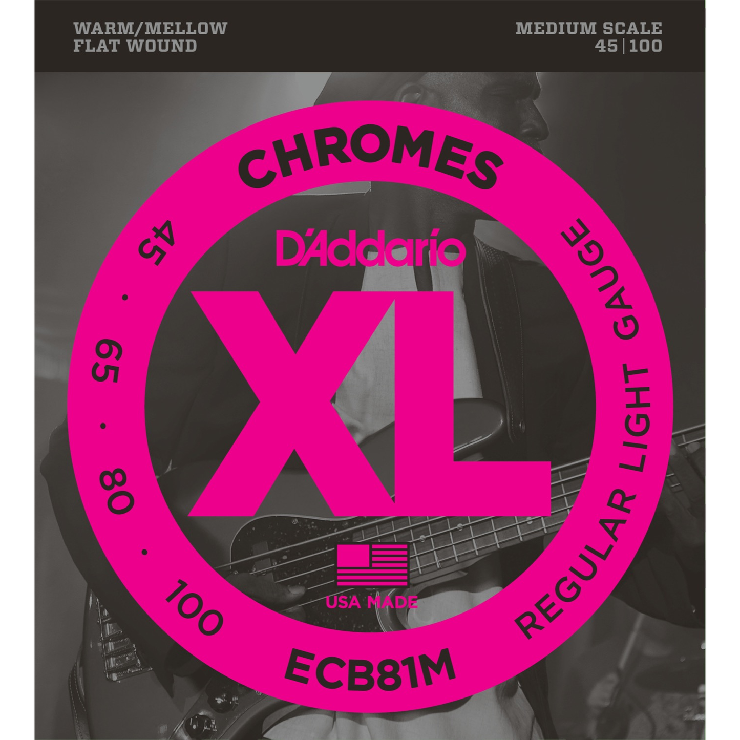 DAddario ECB81 Chromes Flat Wound Bass Guitar Strings, Long Scale, Light 45-100