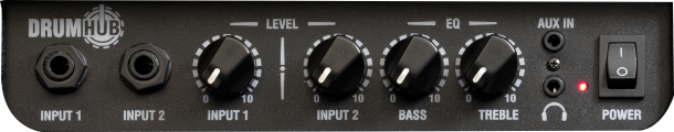 Close-up of the Drum Hub control panel featuring input levels, EQ, and power switch.