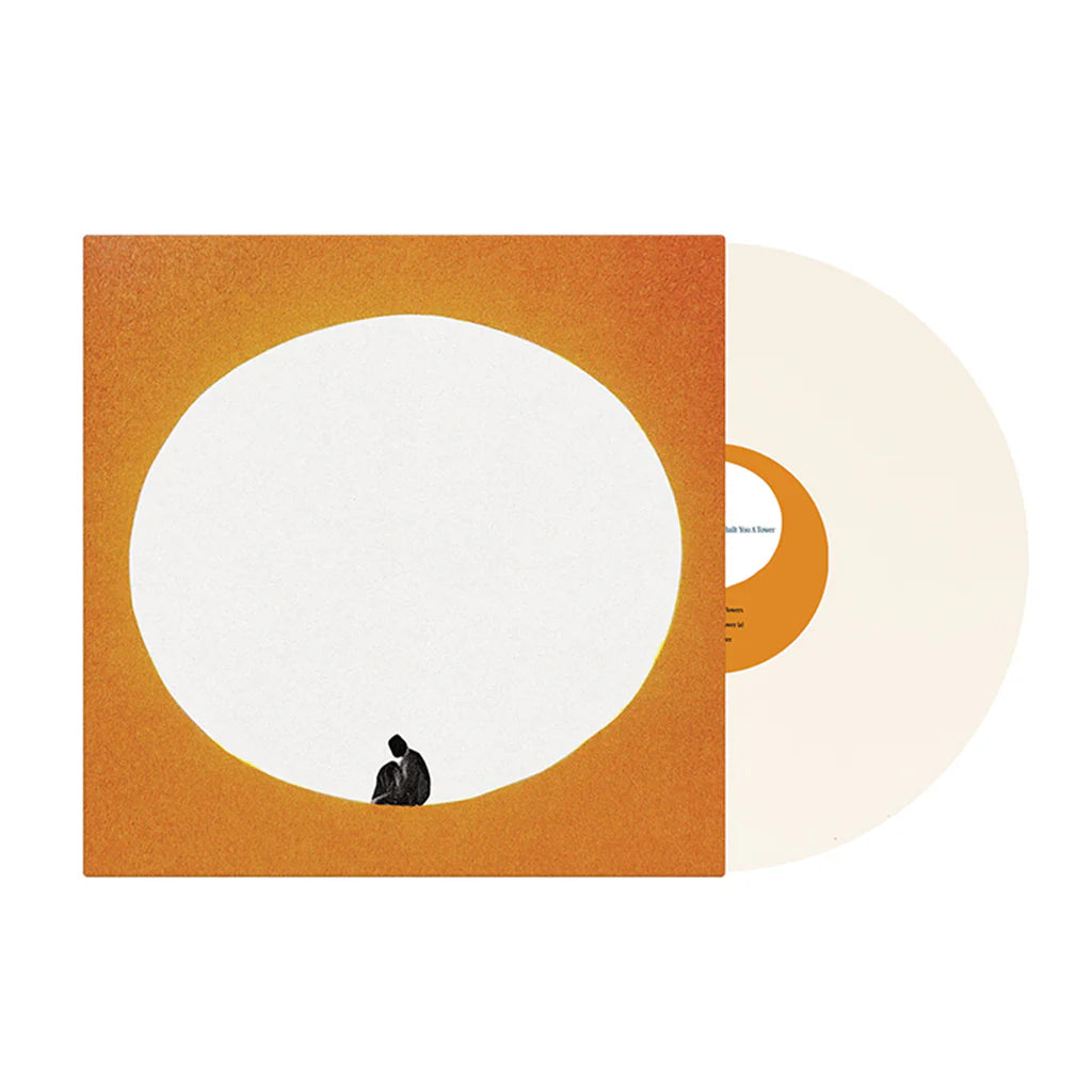Death Cab For Cutie - I Built You A Tower Vinyl record with an orange cover featuring a white circle and a black figure, on a white background.