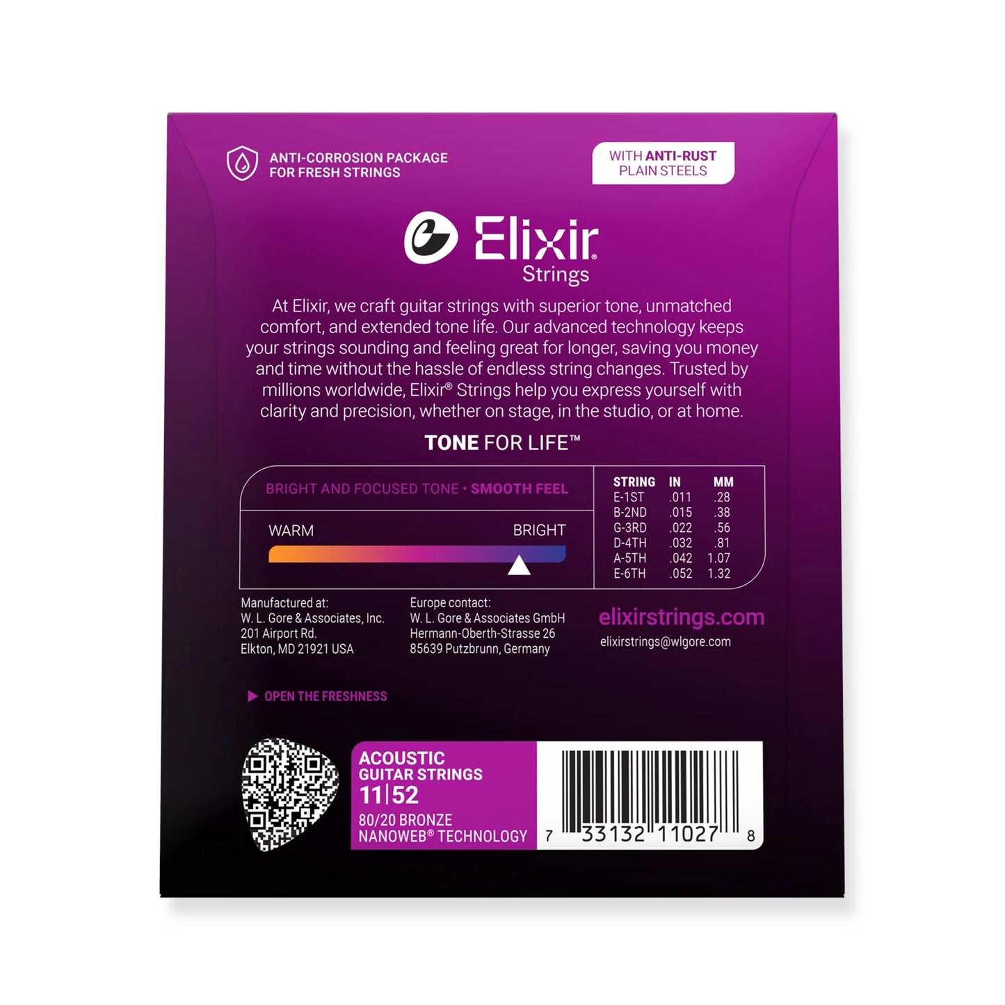 Elixir 11027 Elixir Strings packaging with brand information and specifications on a white background
