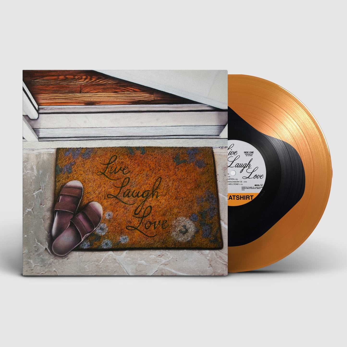 Earl Sweatshirt - Live Laugh Love Vinyl record with a gold and black colour scheme, featuring a cover design with sandals and text.