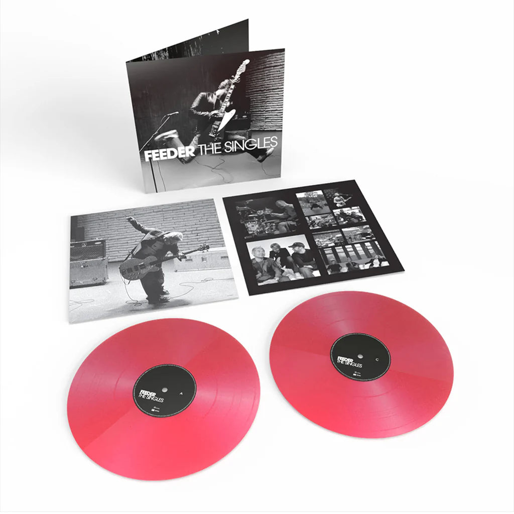 Feeder Vinyl record set with black and white photos and 'Feeder The Singles' packaging on a white background