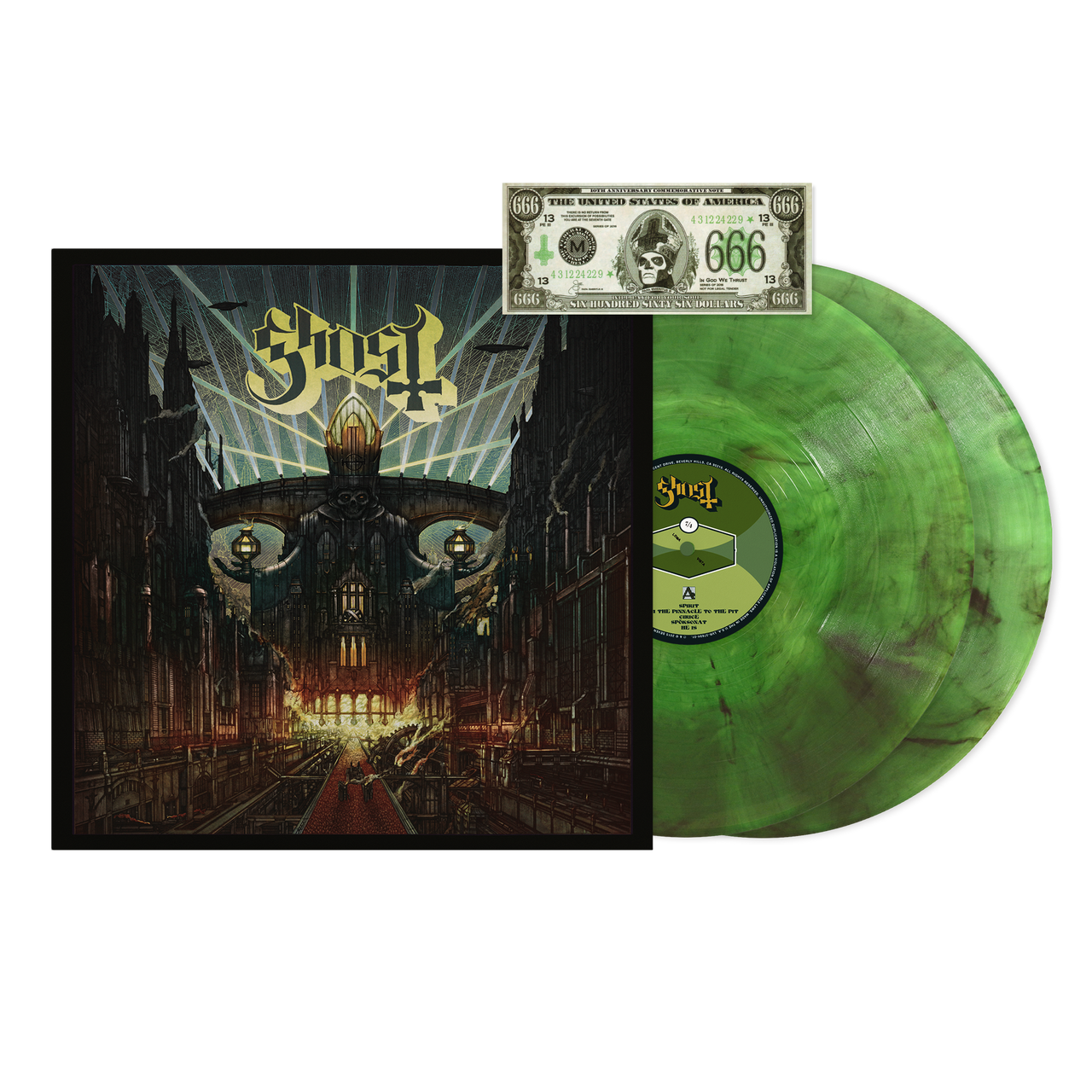Ghost - Meliora Vinyl album with cover and green marbled vinyl on a white background