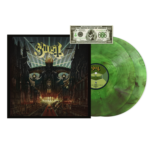 Ghost - Meliora Vinyl album with cover and green marbled vinyl on a white background
