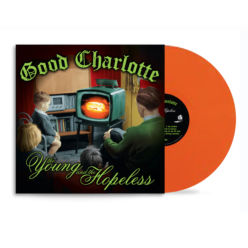 Good Charlotte - The Young And The Hopeless Vinyl record with 'Good Charlotte' album cover featuring a family around a television.