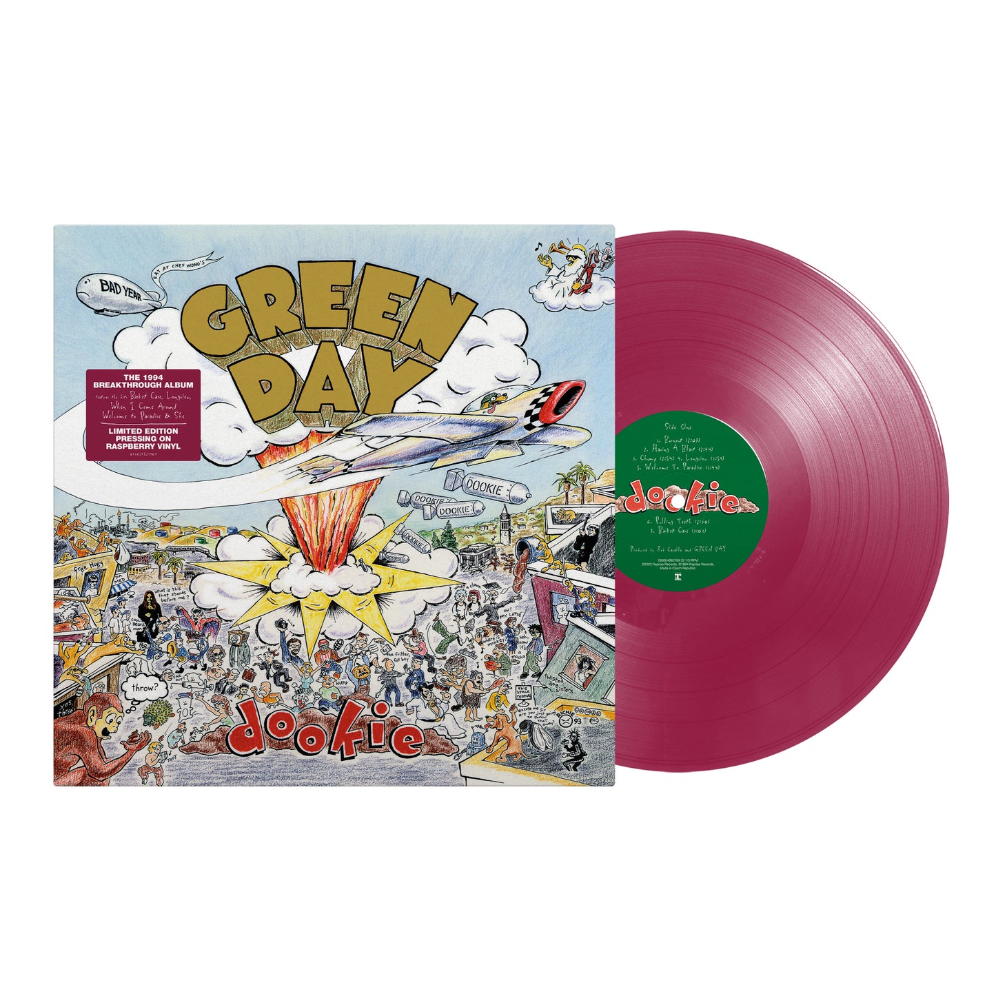 Green Day - Dookie on a raspberry coloured vinyl and white background