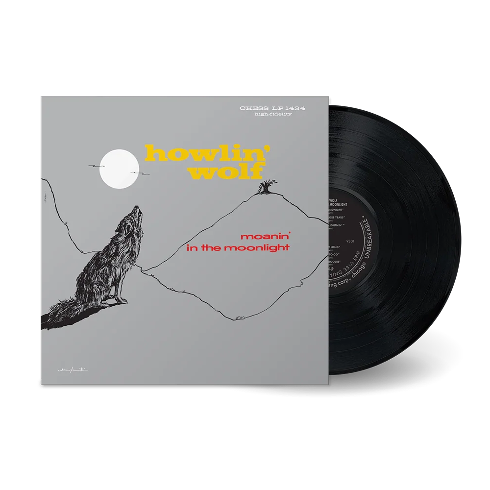 Howlin' Wolf - Moanin' In The Moonlight Vinyl record with cover featuring a wolf and moon design, labeled 'howlin' wolf'.