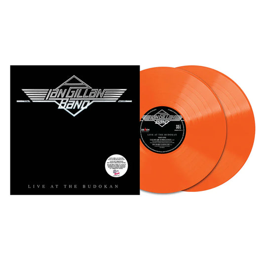 Ian Gillan Band - Live At Budokan Orange vinyl records with black cover featuring band logo and text on a white background