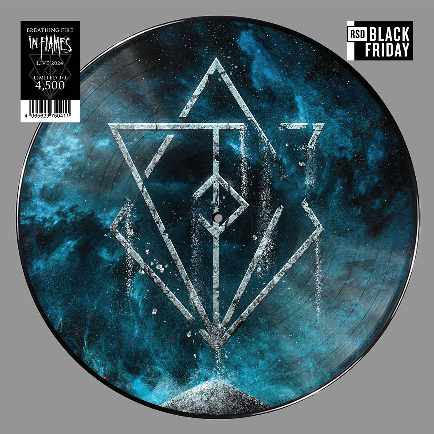 In Flames - Breathing Fire Vinyl record with a geometric design on a blue and black marbled background, featuring 'In Flames' branding.