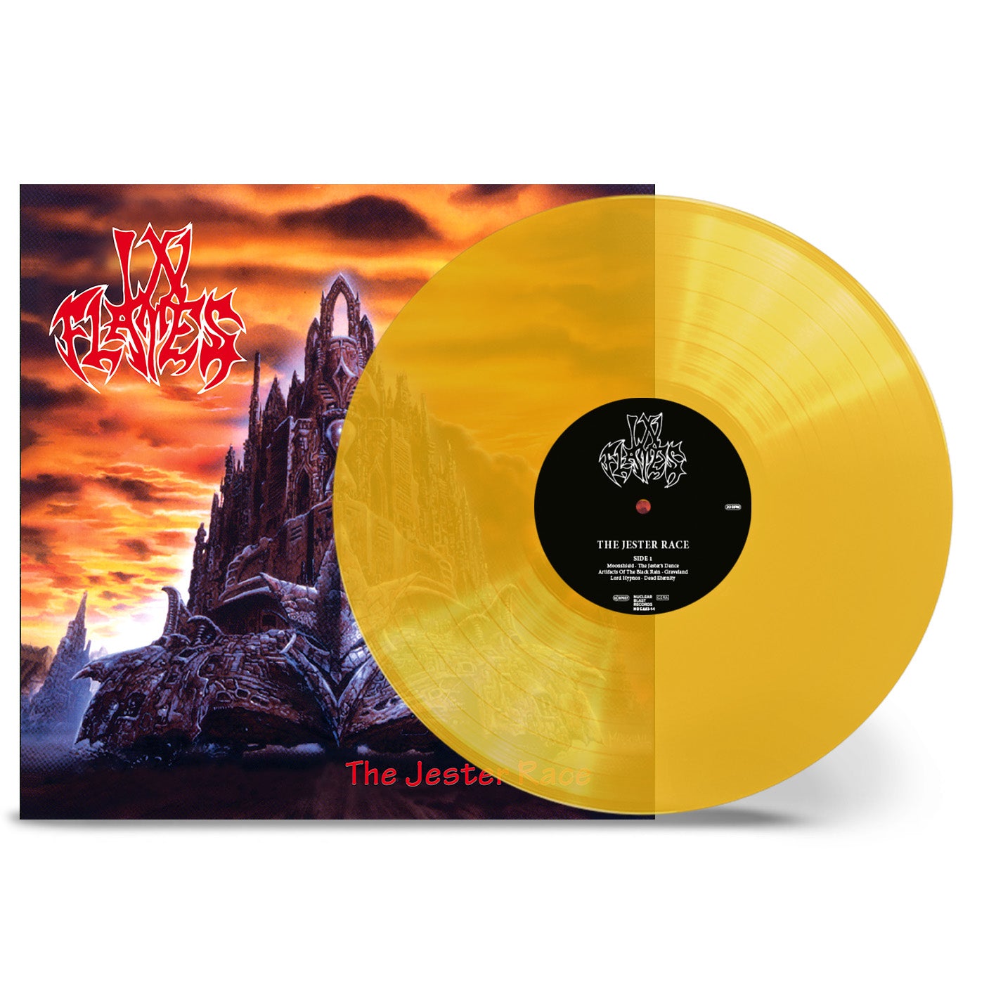 In Flames - The Jester Race Vinyl record with a yellow disc and colorful cover featuring a castle and text.
