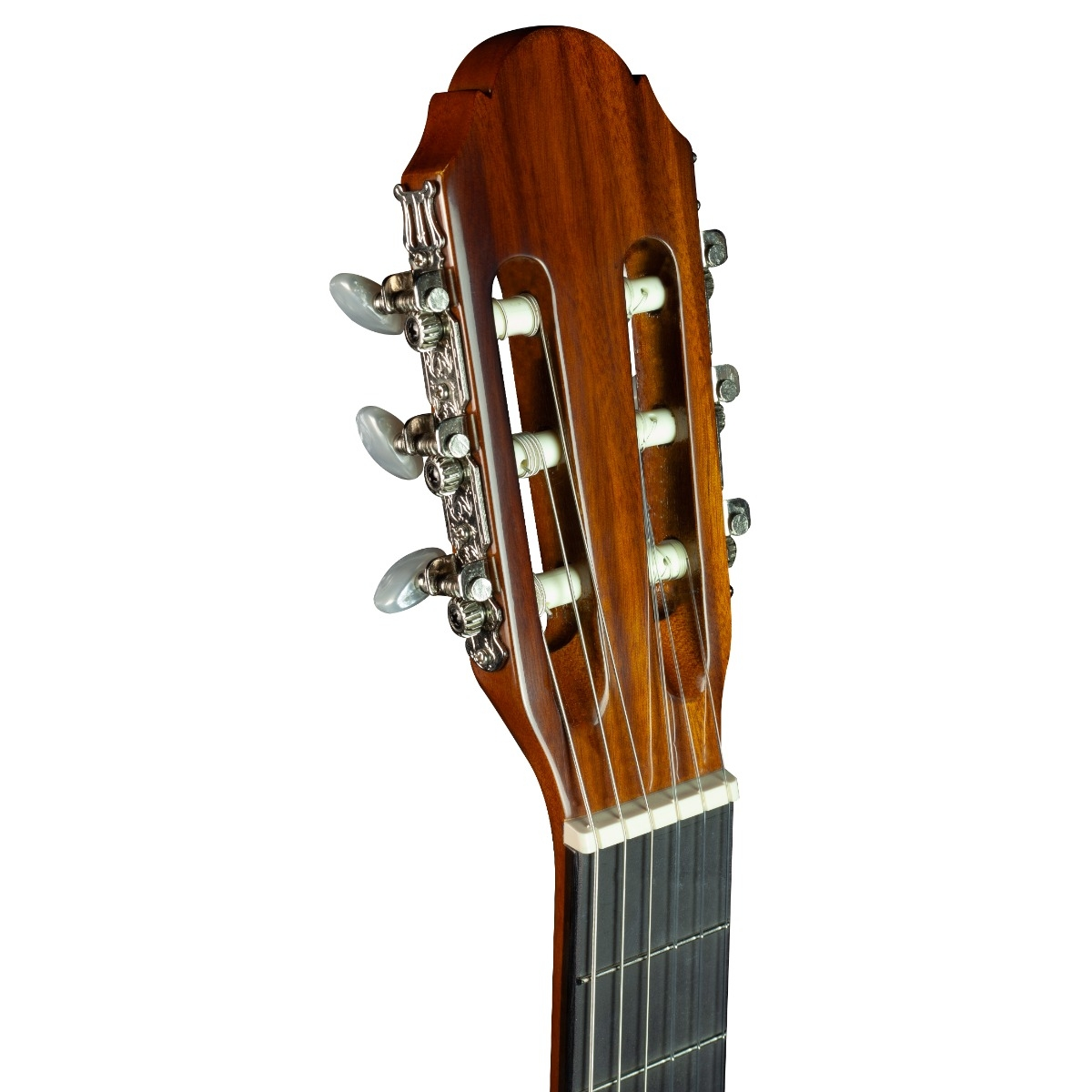 Jose Ferrer Castana Close-up of a guitar headstock with tuning pegs on a white background