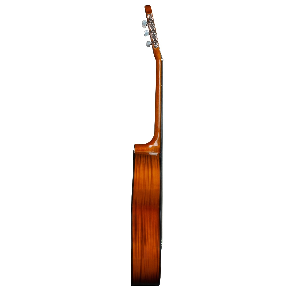 Jose Ferrer Castana Side view of a wooden guitar on a white background
