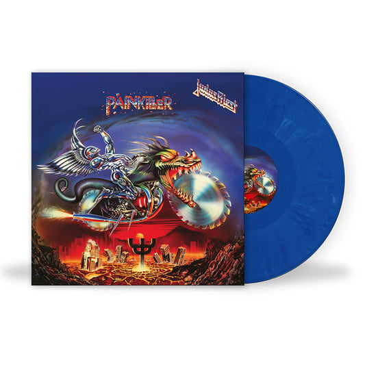 Judas Priest - Painkiller Vinyl record with a colourful cover featuring a dragon and machinery, on a white background.